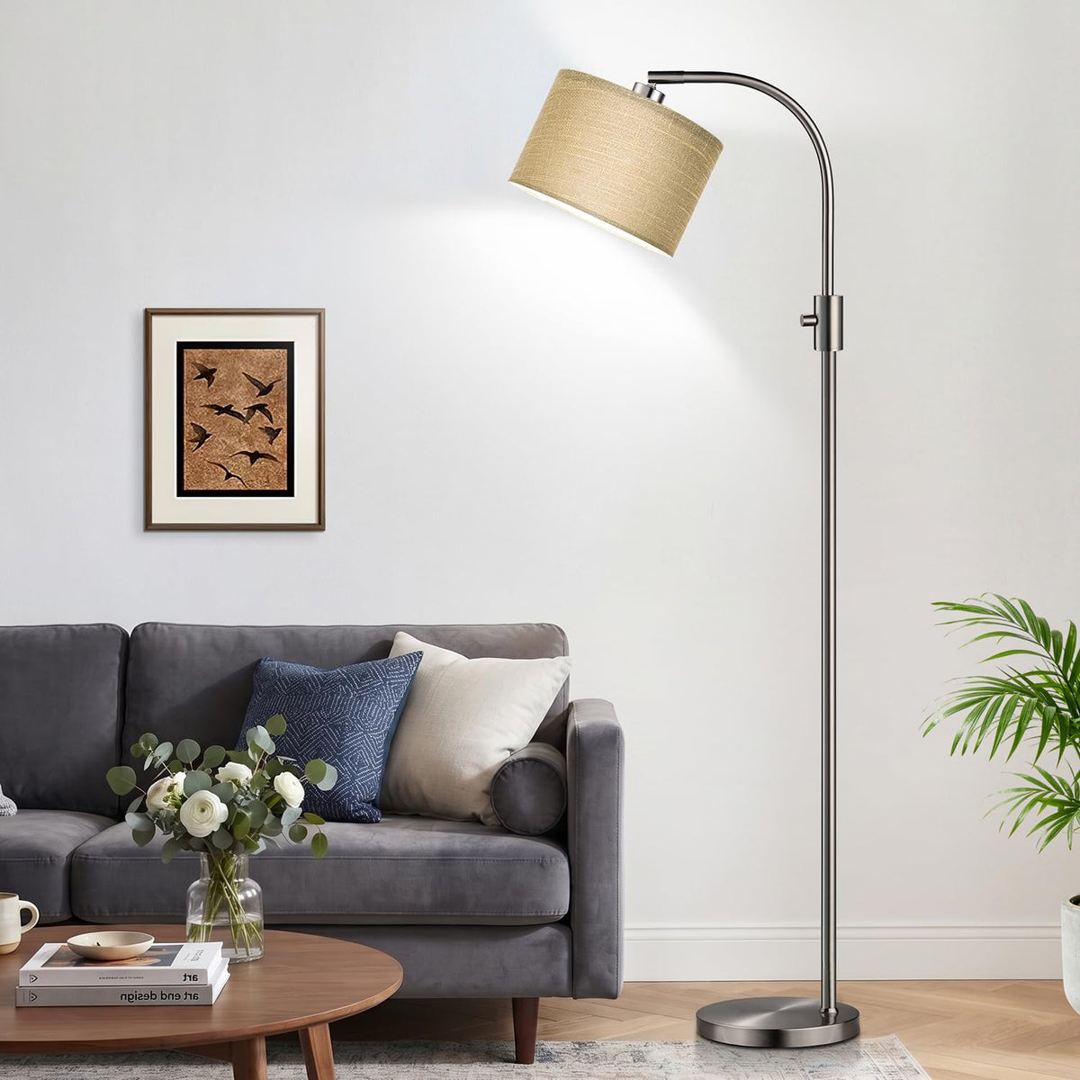 Dimmable Sliver Floor Lamp (Brushed Nickel-Champagne Linen Shade)