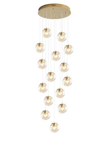 15 Light Gold Chandelier with Globe Glass Dimmable Ceiling Light Glass Pendant Light for Kitchen Island (Gold-Clear / Globe 15-Light)