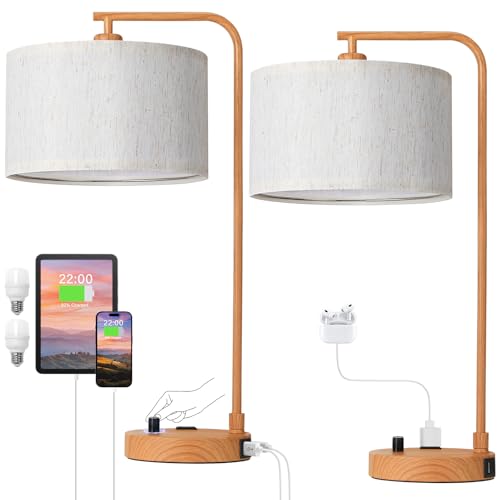 Wood Paint Bedside Lamps Set of 2 (E-Beige Shade & Wood Paint Base)