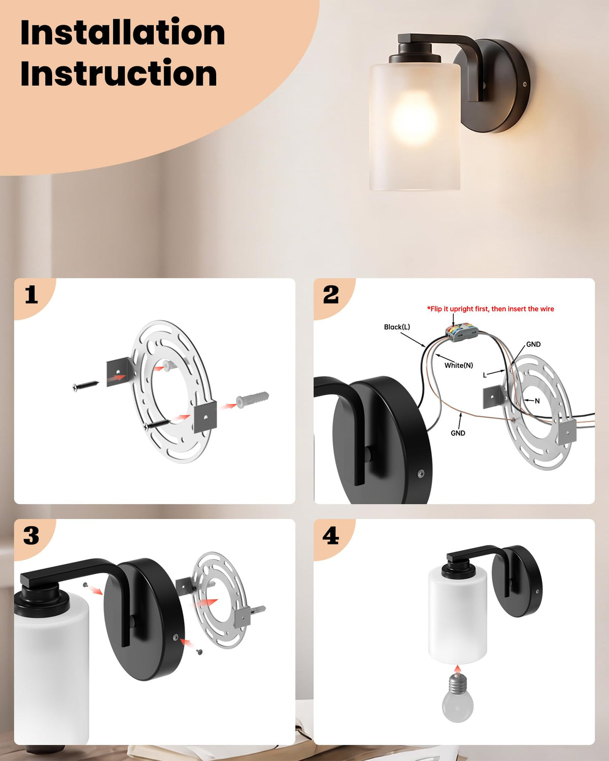 Hardwired Wall Sconces Set of Two (Black-White)