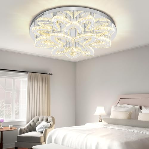 Dia 32" Modern Chandeliers for Living Room Crystal Ceiling Chandelier Round Chandeliers for Dining Room Bedroom Living Room Entryway Silver Flush Mount Crystal Ceiling Light with Remote (Silver / Dia 32")