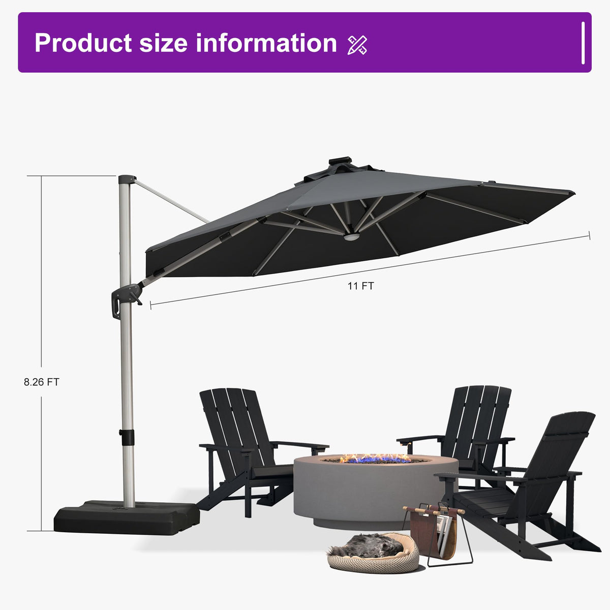 Cantilever Patio Umbrella 11ft Round Solar LED Light (Grey / 11 Feet)