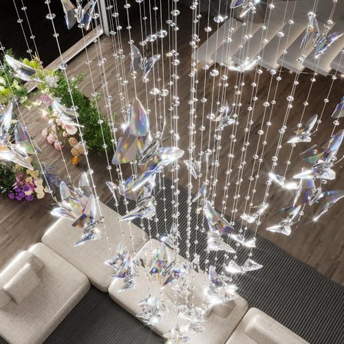 High Ceiling Chandelier Modern Crystal Chandeliers Lighting Raindrop Large Chandelier for Staircase Foyer Entryway Living Room Dimmable 3000 (Silver / Dia 40")