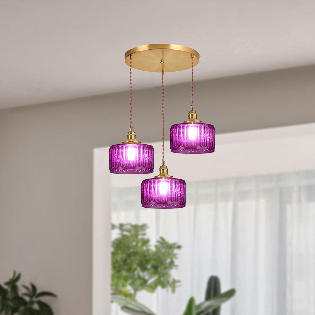 3 Light Glass Globe Chandelier Kitchen Island Mid Century Modern Ceiling Pendant Light Purple Striped Shade Gold Hanging Lights Fixture Multi Light Cluster Chandeliers Dining Room (Purple-Hardwired-3-Light-Cluster)