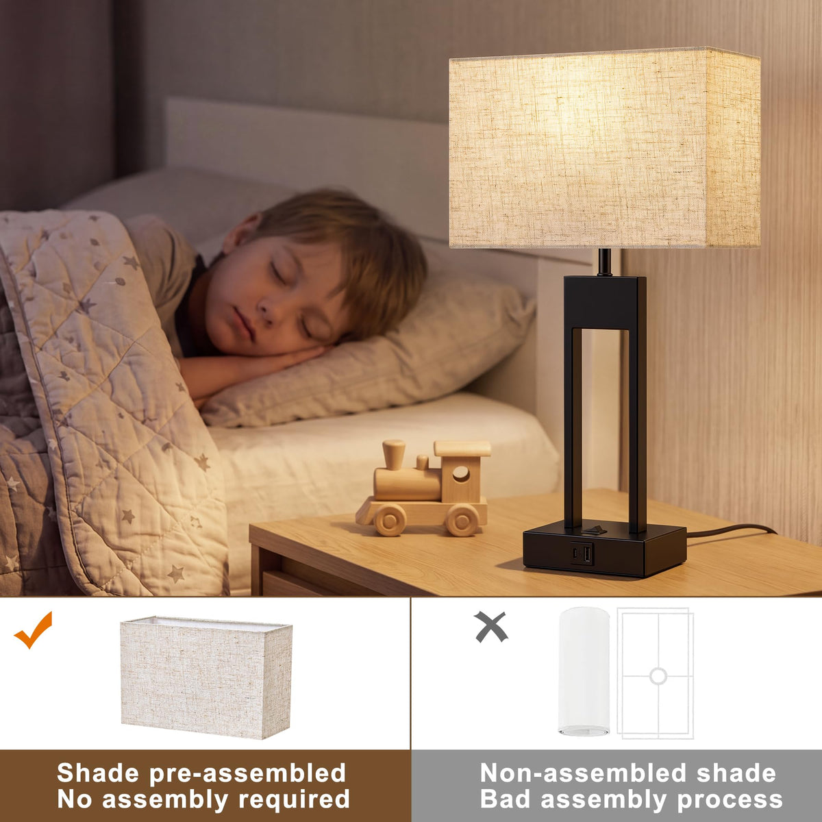 19" Nightstand Table Lamps for Bedroom Set of 2 (Black-19inch)
