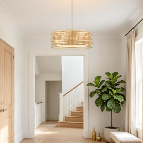 5 Light Rattan Drum Chandelier 23.6'' Boho Gold Pendant Light (Gold / 23.6")