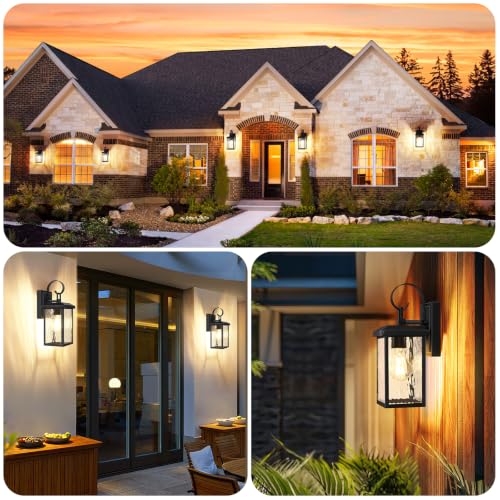 2 Pack Outdoor Wall Light Fixtures with Water Ripple Glass (Black with Watter Ripple Glass / 12.8")