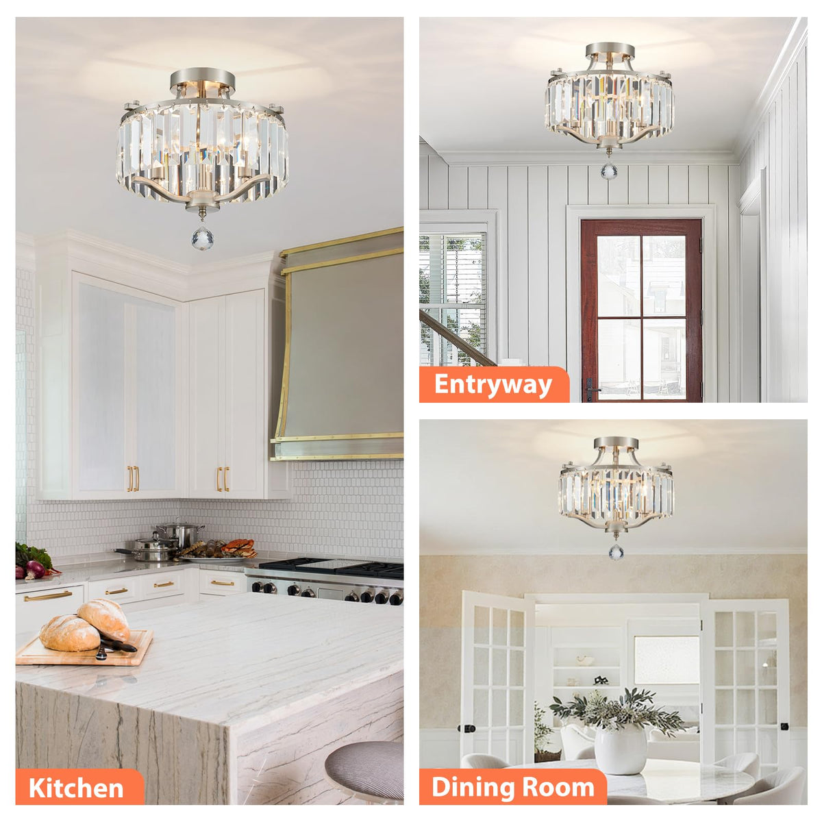 12.2'' Modern Brushed Nickel Crystal Ceiling Light Fixture Farmhouse 3