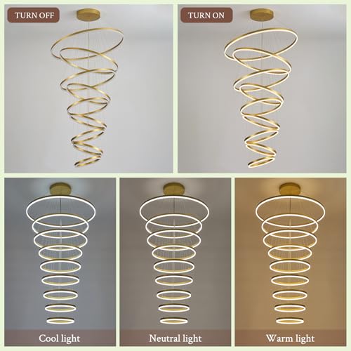 9 Rings D39.4in Modern LED Chandelier Gold Dimmable Foyer Chandeliers Entryway High Ceiling Chandelier with Remote Control for Staircase Entryway Living Room Foyer (Gold / 9 Rings 39.4in)