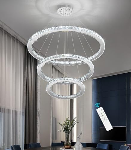 Crystal Chandelier Modern Dimmable LED Ceiling Light Fixture with Remote 3 Rings Stainless Steel Pendant Lighting for Living Room Dining Room Foyer Silver (Silver / 3-Ring 32")