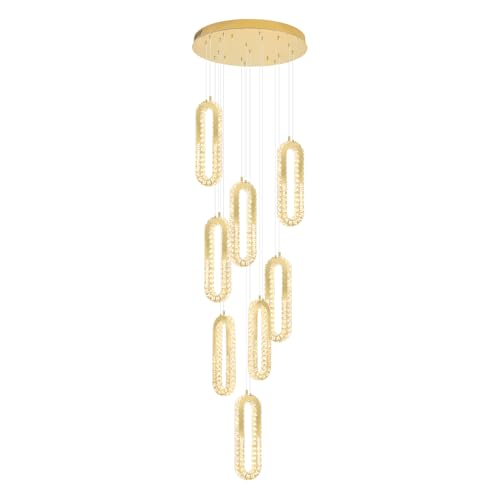 Modern Led Gold Chandelier Adjustable 8 Rings Crystal Chandelier for Foyer Stairwell Crystal High Ceiling Pendant Light Dimmable 2700K (Gold / 8 Rings (New))