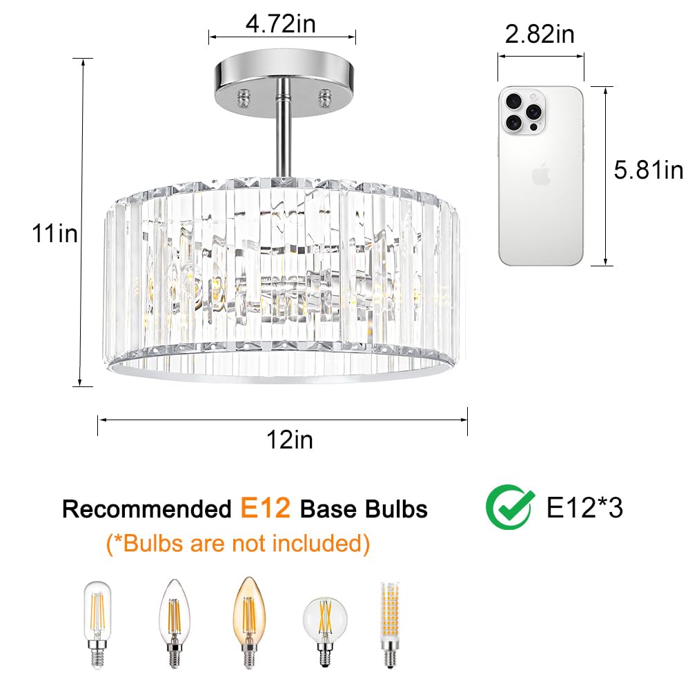 Modern Crystal Ceiling Light (12in - 3 light / Chrome)
