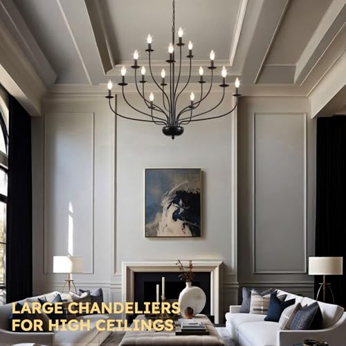15 Light Black Chandelier 39" Large Foyer Chandeliers for High Ceilings Modern Farmhouse Chandelier Industrial Candle Pendant Light Fixture for Entryway Living Room Dining Room Staircase Hallway (Black / 15-Light 39")