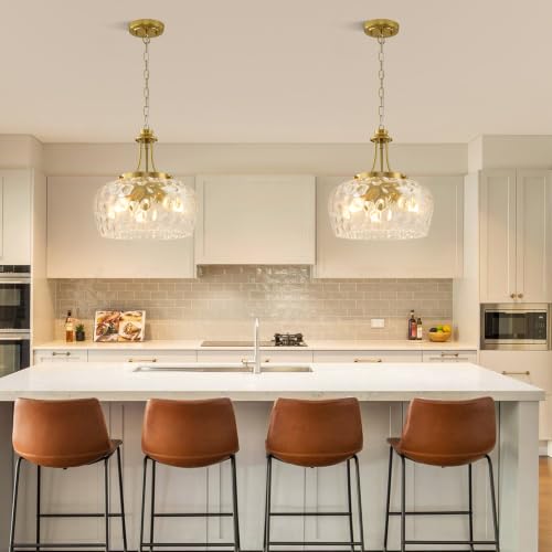 Modern Pendant Lights Kitchen Island (3-Light-Brushed Gold-Clear Hammered Glass-14.2"(Easy To Install))