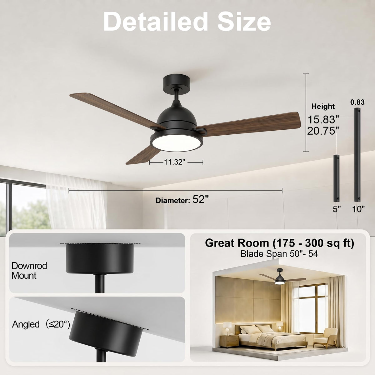 52" Ceiling Fan with Lights (Black & Walnut / 52 Inch)