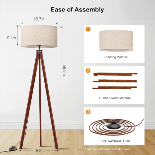 Tripod Floor Lamp Mid Century Modern Standing Lamps for Living Room (Brown Tripod Holder)