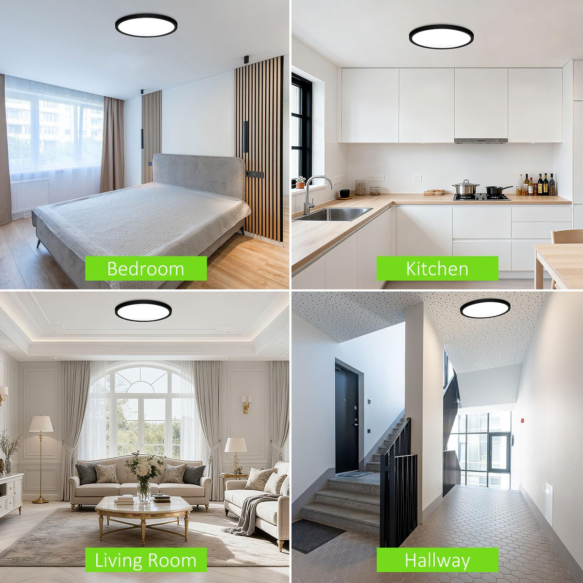 LED Flush Mount Ceiling Light 12in Thin 3CCT Black Wired (12Inch-1 Pack / Black)