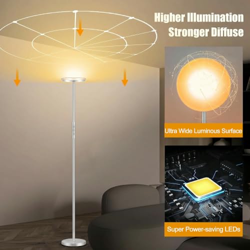 Floor Lamp Upgraded 40W 4000LM Super Bright Torchiere LED Floor Lamps for Living Room (Silver)