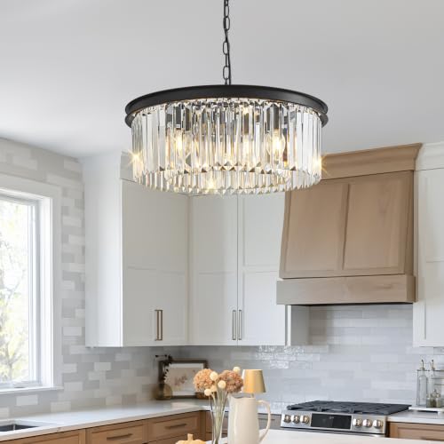 20'' Modern Crystal Chandelier Black Dining Room Light Fixture 8 Light (Black & 2 Tier Clear Crystals / 20'')