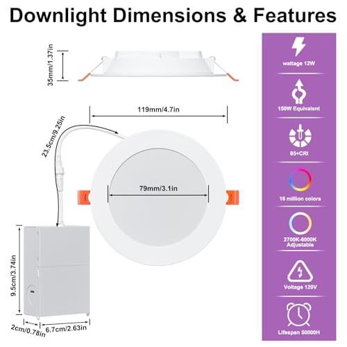 24Pack Smart Recessed Lighting 4 Inch RGBCW Color Changing 12W LED Downlight with Junction Box (4in 24pack / 24pack White shell-RGB&5CCT)