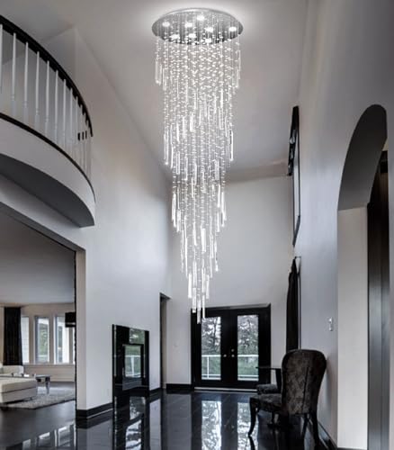 D24'' x H78'' Modern Crystal Chandelier High Ceiling Chandeliers for Entryway Glam Chandelier Large Raindrop Chandeliers LED Dimmable Light Fixtures for Staircaes Foyer Hallway Living Room (D24'' x H78'' Silver)