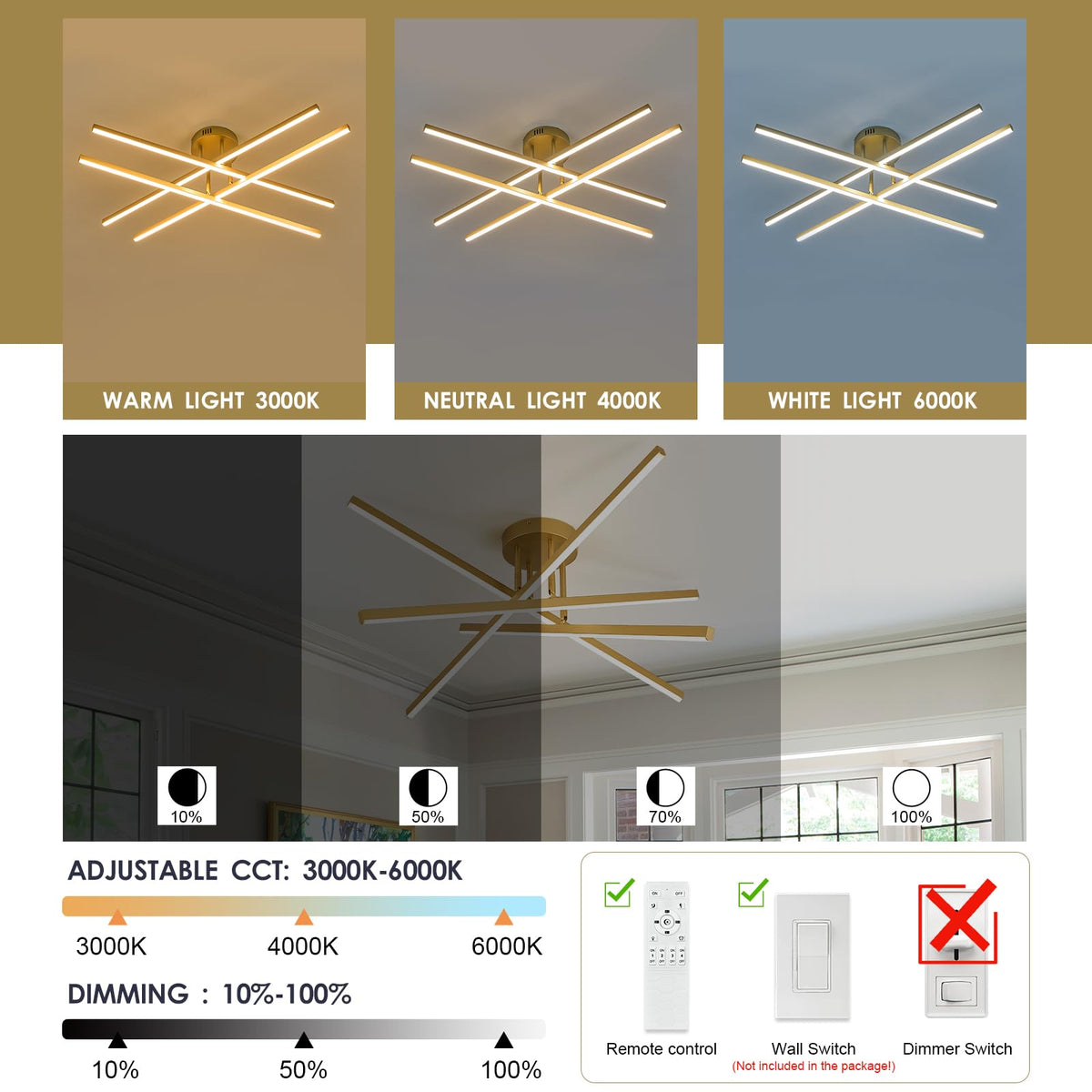 Gold Semi flush Mount Ceiling Light 31.5" LED Chandelier for Living Room (Gold-A / 4 Lights - Remote Control - 31.5")