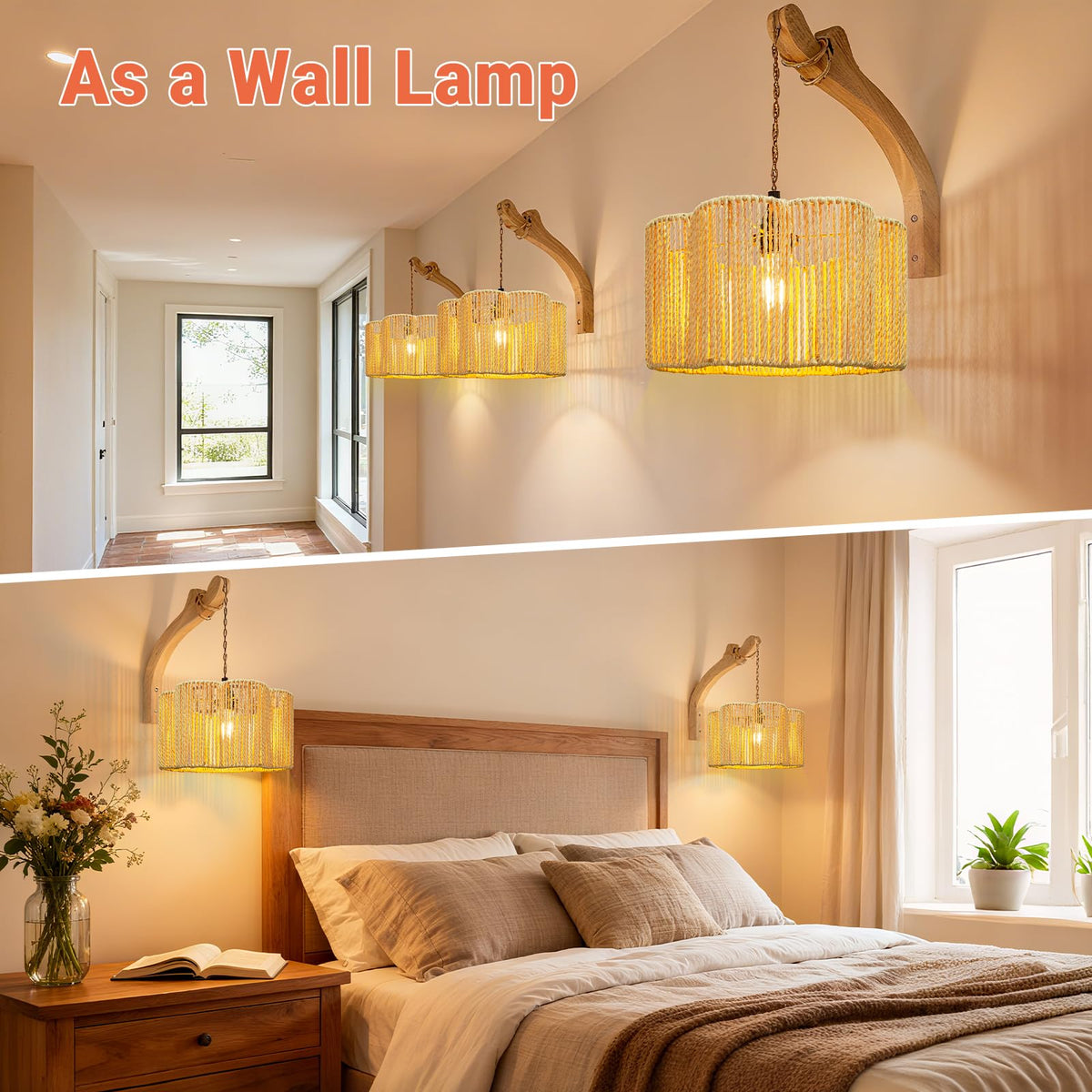 Hanging Light Lamp Shades Boho Rattan Lamp Shades (12.6 Inch Flower Lamp Shape)