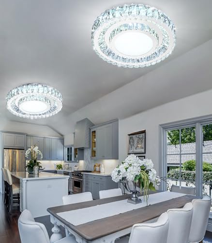19.6" Dimmable Crystal Chandelier Modern LED Flush Mount Ceiling Light Fixtures for Living Room Bedroom Hallway Kitchen Island Staircase Silver (19.6" Silver)
