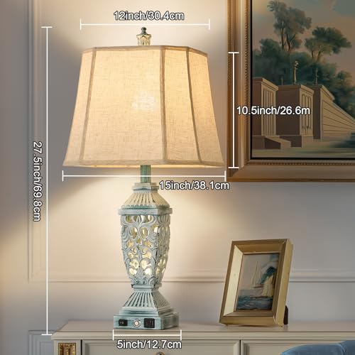 27.5" Touch Control Traditional Table Lamp Set of 2 with USB A+C (White Wash with Green Brush-2 / 27.5")