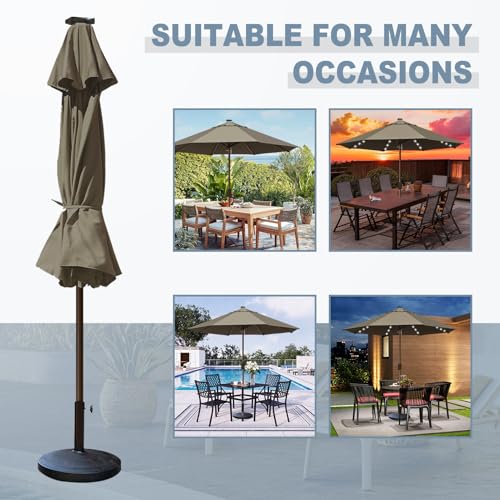 USA 10-Year-Non-Fading 10ft Market Patio Umbrella, Commercial Grade Table Sun Umbrella with 80 Solar LED Lights, Crank Open, Windproof & UPF 50+ UV Protection for Garden, Deck, Pool, Backyard, No Tilt, Taupe (Taupe / 10FT(Single Vent No Tilt))