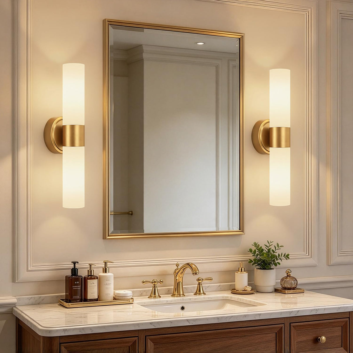 Hardwired Wall Sconces Set of Two (Brushed Gold & Milky White Glass / Hardwired-16 Inch-2PC)