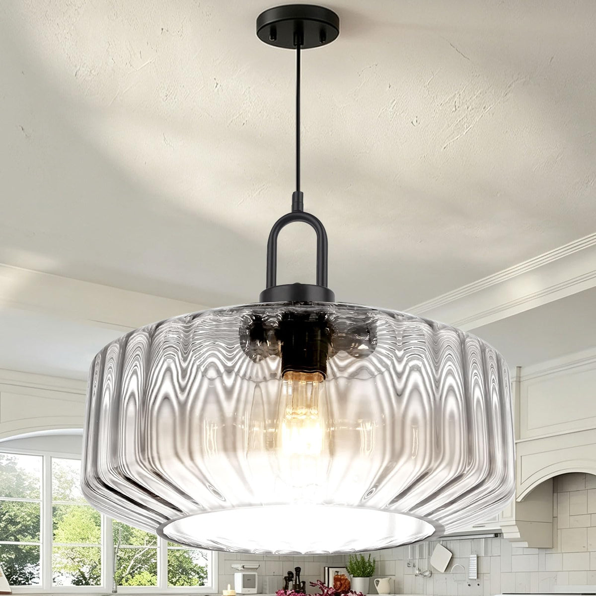 Clear Ribbed Large Glass Pendant Light Black 13.78″ light fixture (13.7″Clear)