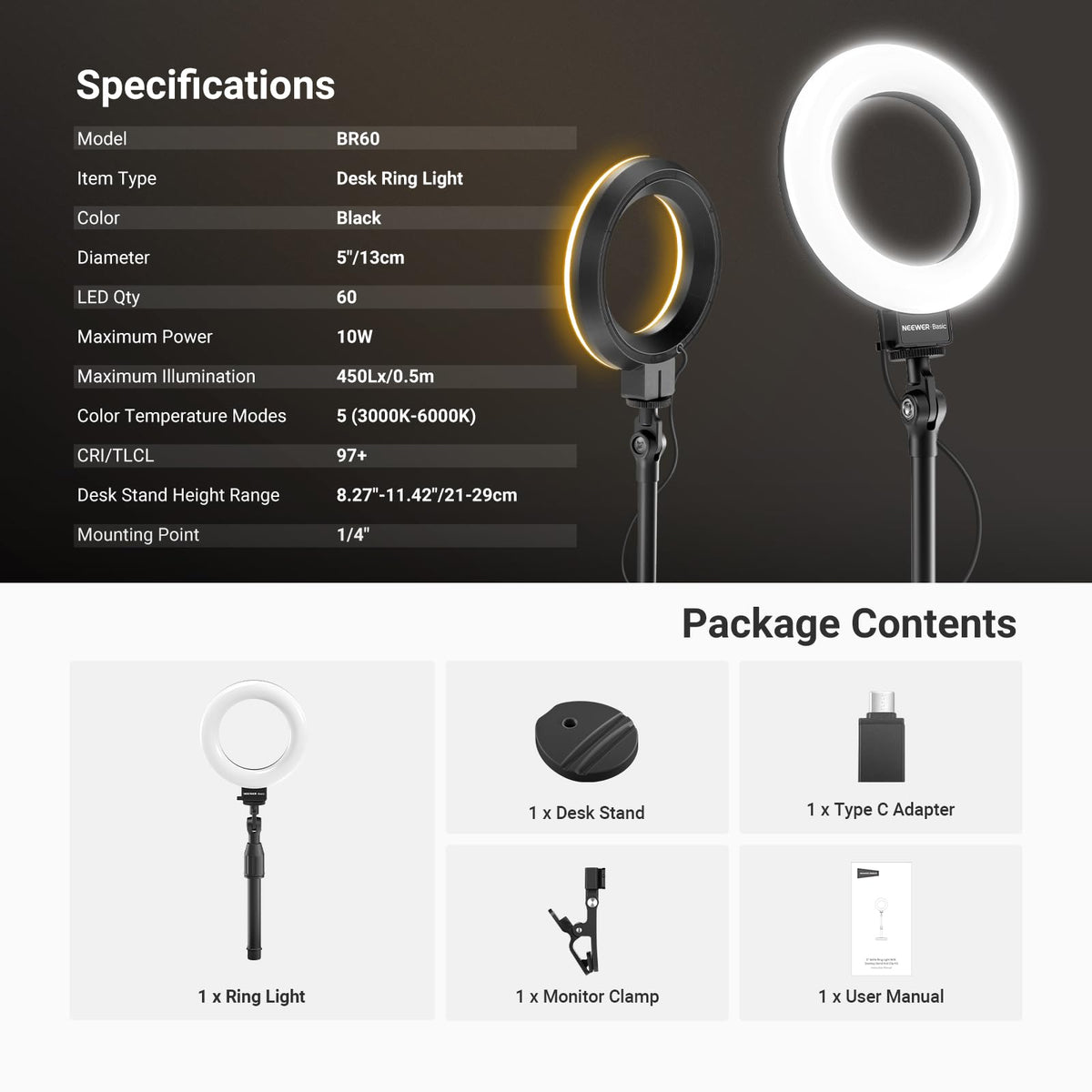BASICS Black BR60 5" LED Desktop Ring Light with Stand Monitor Clamp