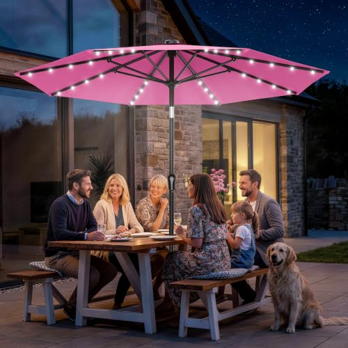 9FT Patio Umbrella with Solar Lights (Rose Pink / 9 FT)