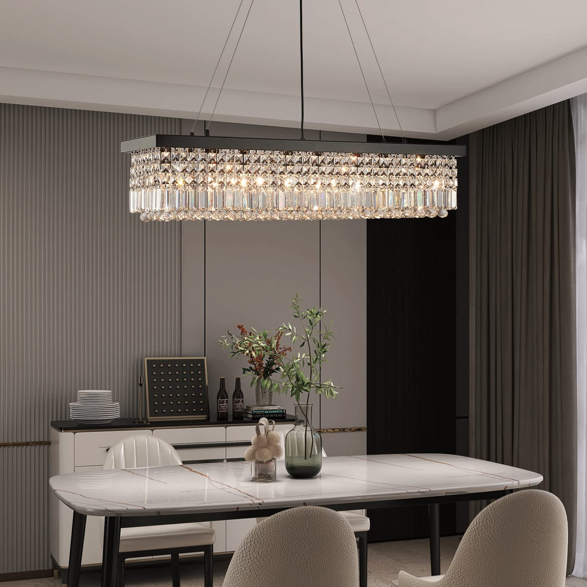 Rectangle K9 Crystal Chandelier Modern Rectangular Pendant Lighting Fixture for Dining Room Kitchen Island Bedroom Black L47'' x W10'' x H10'' (Black(Hanging) / L47")