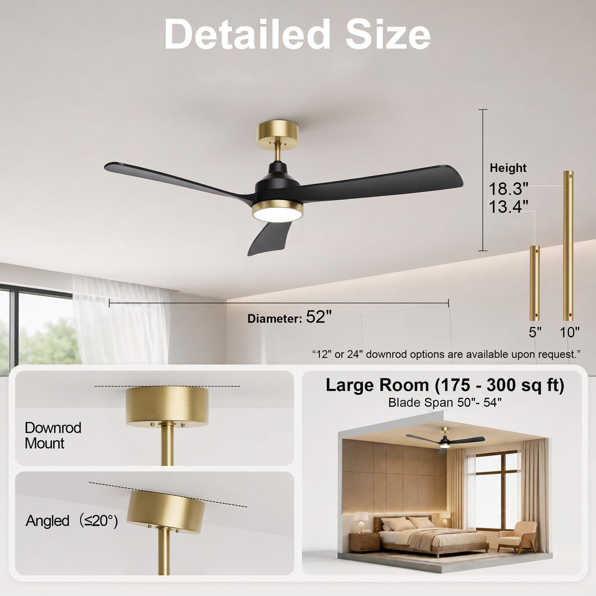 52 Inch Ceiling Fan with Lights (black & gold / 52 Inch)