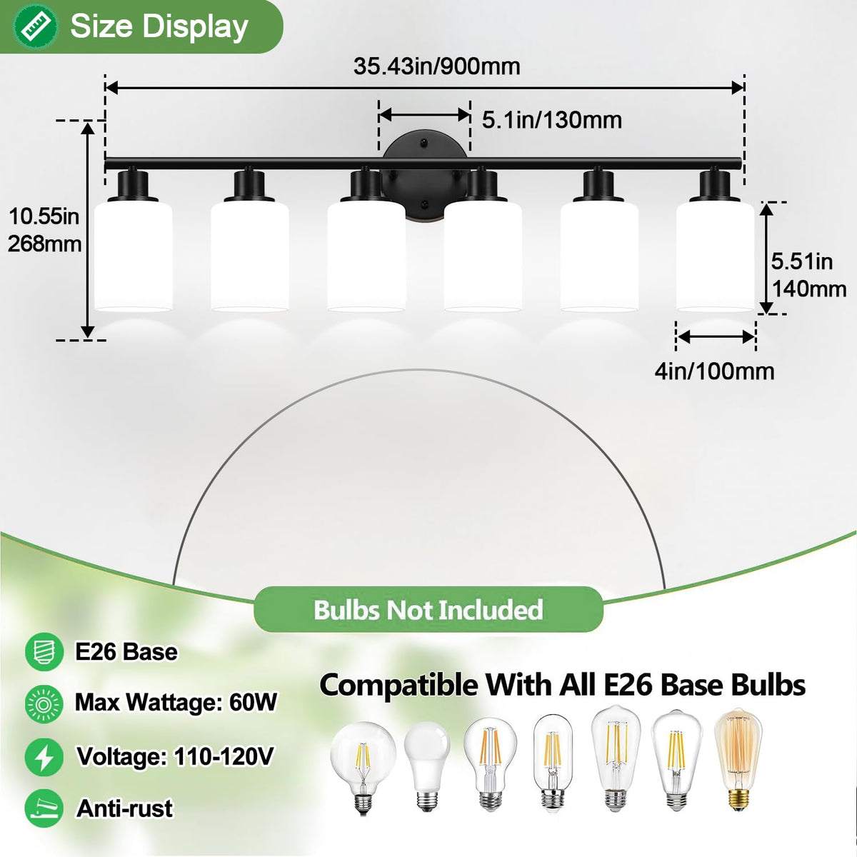 6 Light Bathroom Light Fixtures (Matte Black & Milky White Glass / 6-light)