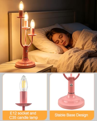 Pink Candelabra Table Lamp Dimmable Warmwhite 3 Bulbs Included (04-Pink 3-Light Candelabra)