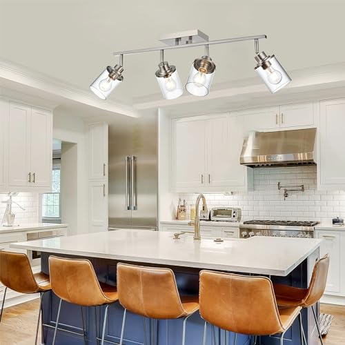 4 Lights Directional Ceiling Light Fixtures with Flexibly Rotatable Light Head Brushed Nickel Bathroom Lights Modern Complete Track Lighting Kits with Clear Glass Shade (Brushed Nickel / 4-Light)