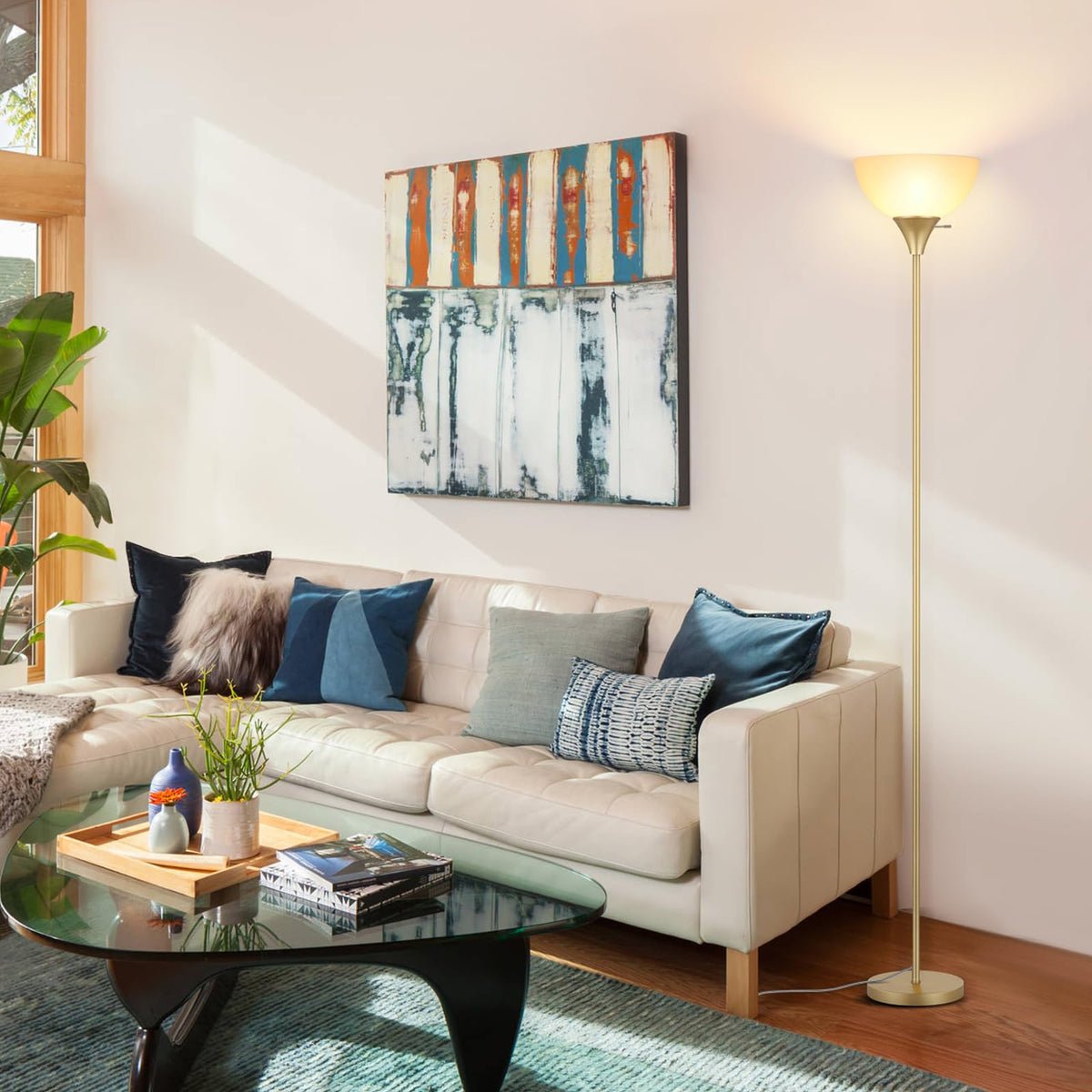 Floor Lamp LED Standing Lamps with White Plastic Shade (Gold)
