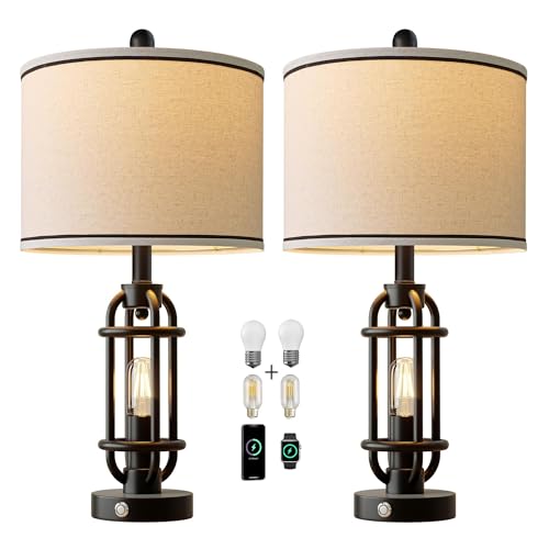 24'' Table Lamps for Living Room Bedroom Set of 2 Industrial Touch Lamp with USB A+C Ports (24'' Black - Set of 2)