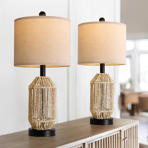 21" Boho Table Lamps Set of 2 for Living Room (Wood Brown and Black)