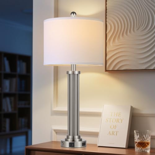 28" Tall Modern Table Lamps Set of 2 with USB C+A Ports and AC Outlet (Silver-2 Pack)