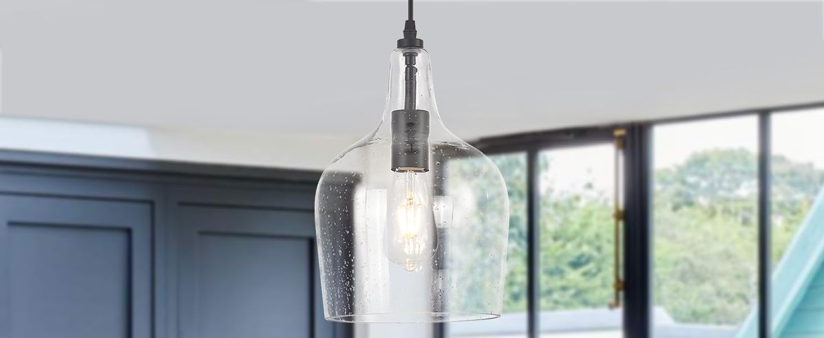 Seeded Glass Pendant Light Modern Black 1 Light Single Dome Pendent Lighting Fixtures for Kitchen Island Dining Room Hallway (Black-Seeded)