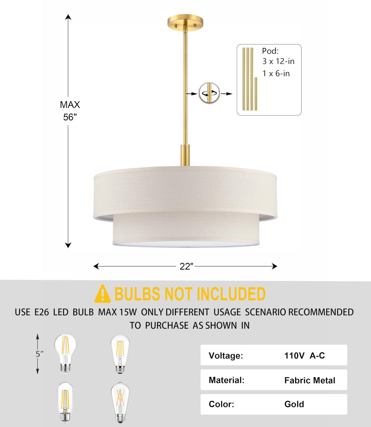 5 Light 22" Cream Fabric Shade Hanging Gold Farmhouse Pendant Light (Gold / 22")