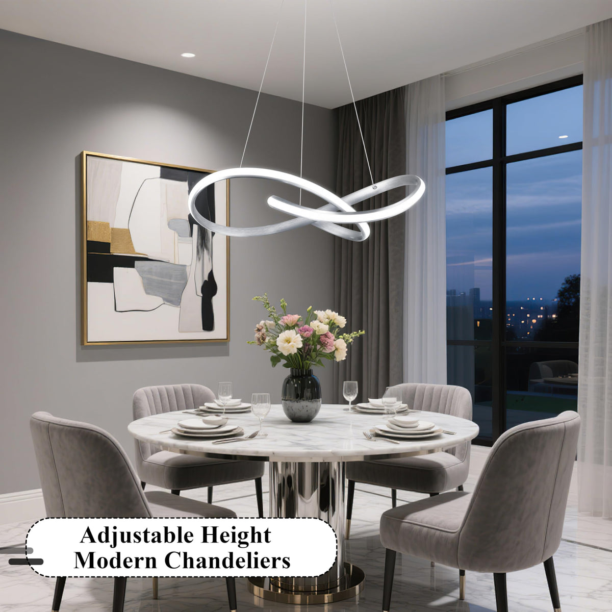 30" Nickel Modern LED Chandelier Large Irregular Ring Pendant Lighting Adjustable Hanging Light Fixture Modern Dimmable Remote Control Pendant Lights for Living Room Dining Room Entryway (Nickel / 30 Inch)