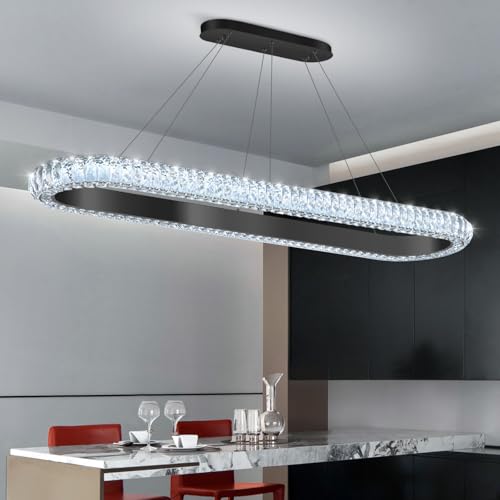 47'' Oval Ring Crystal Chandelier Modern LED Dimmable Ring Pendant Light Chandelier for Dining Room Living Room Black (Black / 1 Ring Oval 47")