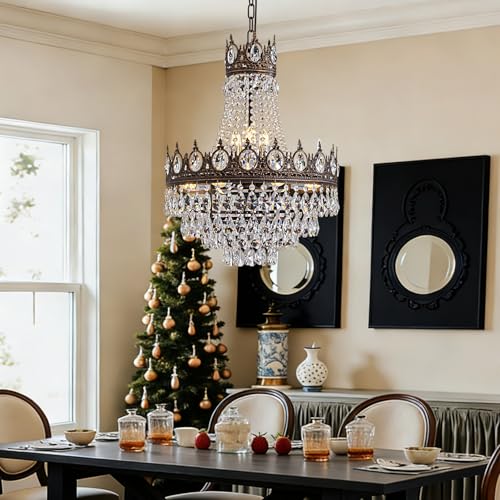 Vintage Crystal Chandeliers for Dining Room Light Fixture (D19"H25.6"- Antique Bronze)
