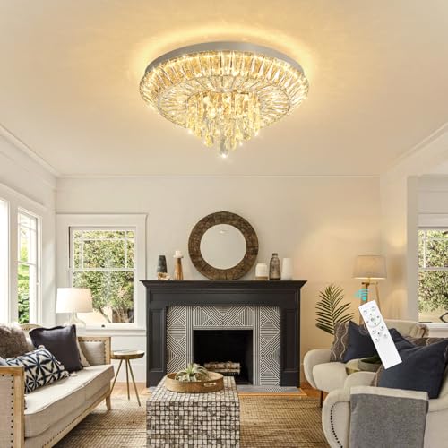 Crystal Chandelier 40W Modern Round Ceiling Light Fixture LED Raindrop Chandeliers Dimmable with Remote for Dining Room Living Room Entryway Hallway Bedroom Silver (Silver / W20")