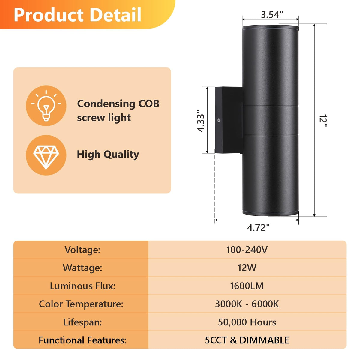 5CCT Dimmable Wall Lights Outdoor 2 Packs (Black)